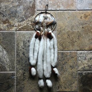 Vintage Authentic Native American Indian Large Dream Catcher Fur Wool Feathers