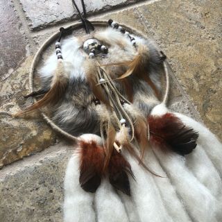 Vintage Authentic Native American Indian Large Dream Catcher Fur Wool Feathers 2