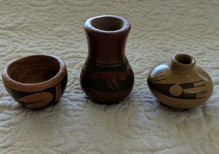 Set Of Three Handcrafted Native American Indian Mini Pottery.