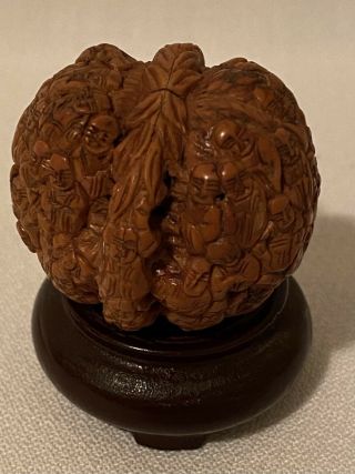 VINTAGE CHINESE HAND CARVED WALNUT WITH STAND,  VERY DETAILED CARVINGS OF MONKS 2