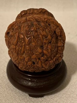 VINTAGE CHINESE HAND CARVED WALNUT WITH STAND,  VERY DETAILED CARVINGS OF MONKS 3