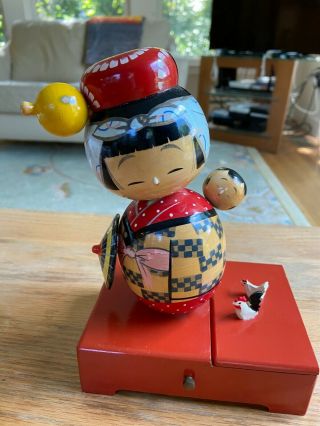 Vintage 1950s Japan Kokeshi Mother Baby Doll Wood Music Box With Lid