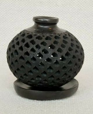 Vintage Mexican Folk Art Oaxaca Black Pottery Vase Incensario Mexico Signed