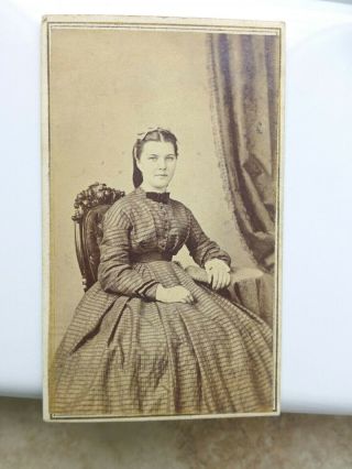 Cdv Cabinet Photo Civil War Era Pretty Lady Gingham Dress Hair Snood Utica Ny