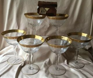 6 Vtg Tiffin Franciscan Melrose Gold Encrusted Champagne Wine Crystal Stemware