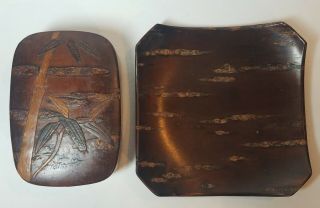 Vintage Japanese Kabazaiku Cherry Bark Box W/ Bamboo Motif,  Small Plate