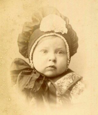 Antique Cabinet Photo Darling Little Victorian Girl W Ruffled Bonnet Backstamp
