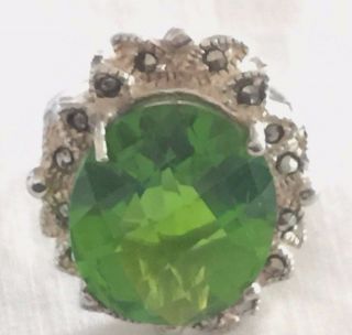 Vintage Sterling Silver Ring,  Ornate Setting,  Cushion Cut Green Agate Stone Sz 7