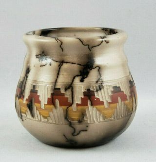 Native American Handmade Navajo Raku Horsehair Vase - Artist Signed