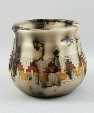 Native American Handmade Navajo Raku Horsehair Vase - Artist Signed 2