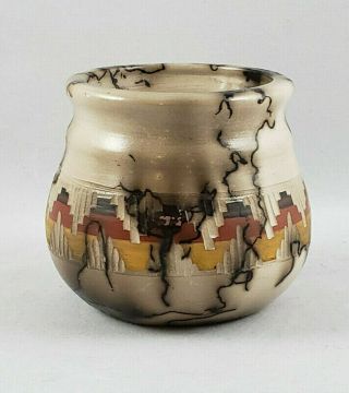 Native American Handmade Navajo Raku Horsehair Vase - Artist Signed 3