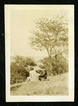 Vintage Photo Flapper Girls Girlfriends Sit On A Hill On A Summer Day