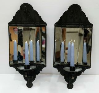 Set Of 2 Vintage Black Metal Mirrored Wallsconces Decorative Taper Candleholders