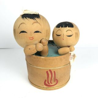Unique Vintage Hand Painted Japanese Kokeshi Wood Dolls in Tub 2