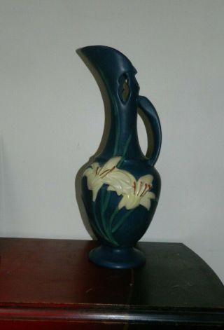Vintage Roseville Floral Blue Ewer Pitcher Vase Art Pottery 16 " White Flower