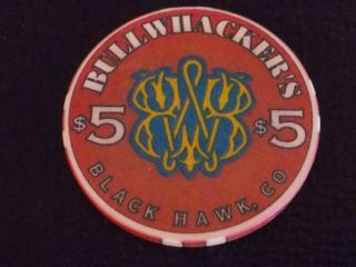 Bullwhackers Hotel Casino $5 Hotel Casino Poker Gaming Chip Black Hawk,  Co