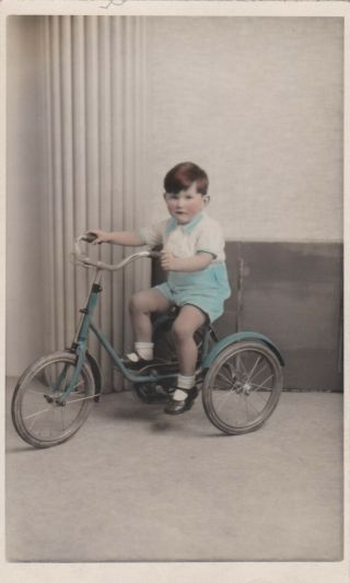 Old Photo Children Boy Cycling Tricycle Hand Coloured 1930s Jerome F3