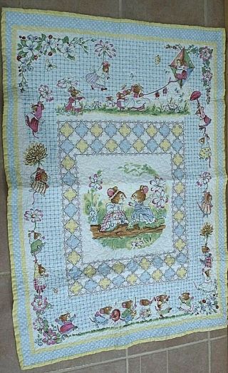 City Mouse Country Mouse Vintage Handmade Baby Quilt Blanket Yellow Blue Pink 39
