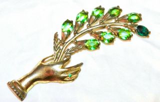 Vintage Brooch Hand With Emerald Green Rhinestone Flower Bud Branch