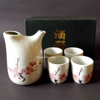 Set Of 5 Japanese Porcelain Sake Bottle & Cups Set Snow Cherry Blossom Plum Tree
