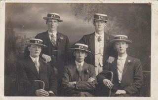 Old Photo Group Men Suit Straw Boater Hat Walking Stick Isle Of Man Bx620
