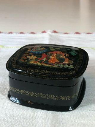Vtg Russian Hand Painted Black Lacquer Box Red Interior,  Scarlet Flower Of Serov