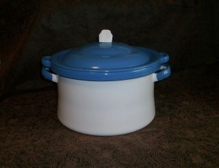 Vintage Deco White & Blue 3 Piece Enamelware Pot Steamer Lid Beehive Farmhouse 2