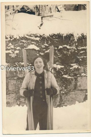 Vintage Photo - Young Woman With Skis - Winter Sports