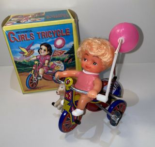 Vintage Mechanical Girls Tricycle With Ballon Wind Up Tin Toy Spinning Bell
