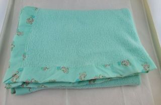 Vintage Curity Green Waffle Weave Baby Blanket Satin Trim