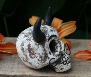 Sm Devil Skull Clay Day Of The Dead Handmade By Rafael Pineda Mexican Folk Art