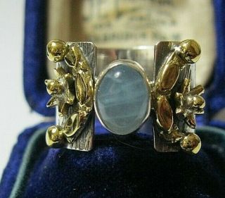 Vintage Style Modernist Sterling Silver Gold Aquamarine Stone Ring Size N 6.  75