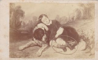 Antique Cdv Photo.  Child With Dog - 