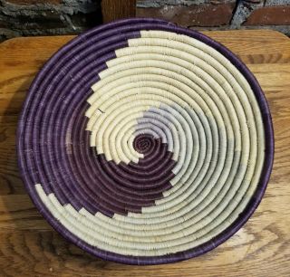 African Handwoven Basket Bowl Spiral Design Grass/palm Purple Lavender Tan 11 "