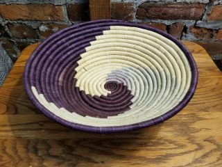 African Handwoven Basket Bowl Spiral Design Grass/Palm Purple Lavender Tan 11 