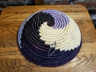 African Handwoven Basket Bowl Spiral Design Grass/Palm Purple Lavender Tan 11 