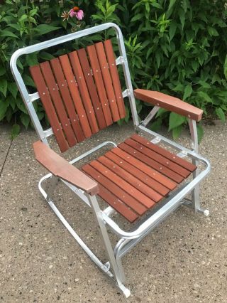 Vtg Folding Aluminum Lawn Pool Patio Rocking Chair Cedar Wood ✅ Notes