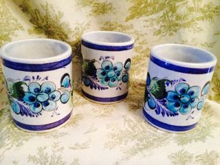 Vintage 3 Tonala Mexican Folk Art Glazed Pottery Blue Cups 4