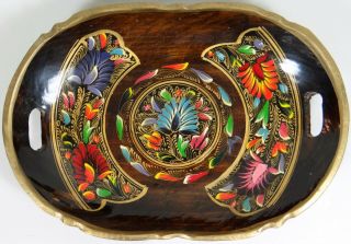 Hand Painted Tray Vintage Mexican Folk Art Batea Tole Rainbow Wood Oval Handles