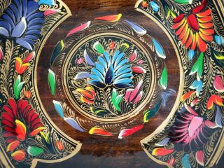Hand Painted Tray Vintage Mexican Folk Art Batea Tole Rainbow Wood Oval Handles 2