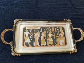 Authentic Egyptian Brass Decorative Tray W/handles Gold And Silver 16 " X 7 1/2 "