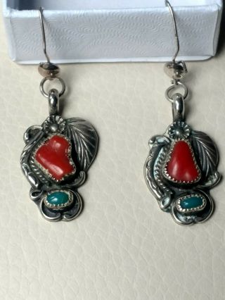 Sterling Silver 925s Coral And Turquoise Earrings,  Stamped E.  Harvey,  Navajo
