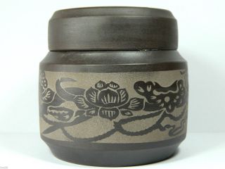Chinese Yixing Zisha Pottery Tea Caddy Canister,  250 Cc,  Purple,  Floral Pattern