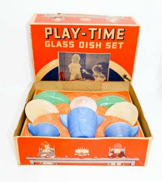 1930 Akro Agate Play - Time Glass Art Deco Dish Set Mib