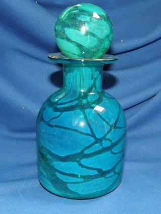 Vintage Mid Century Mdina Art Glass Decanter W/ Stopper 8 " Blue & Green Swirled