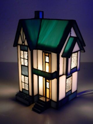Vintage Tiffany Style Stained Glass Village House Lamp/light
