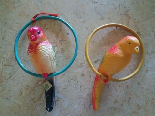 Vintage Pair - Celluloid Parrot & Bird On Ring 5 " Tall
