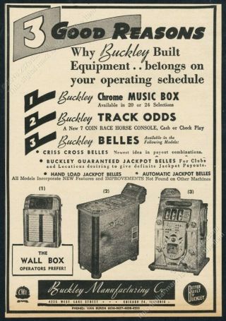 1947 Buckley Belle Slot Machine Track Odds & Jukebox Photo Vintage Print Ad