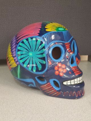 Sugar Skull Mexican Pottery Day Of The Dead Ceramic Folk Art Blue Glitter Accent
