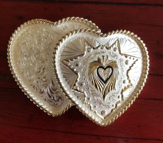 Montana Silversmiths Double Heart Engraved Silver Plate Western Belt Buckle Us